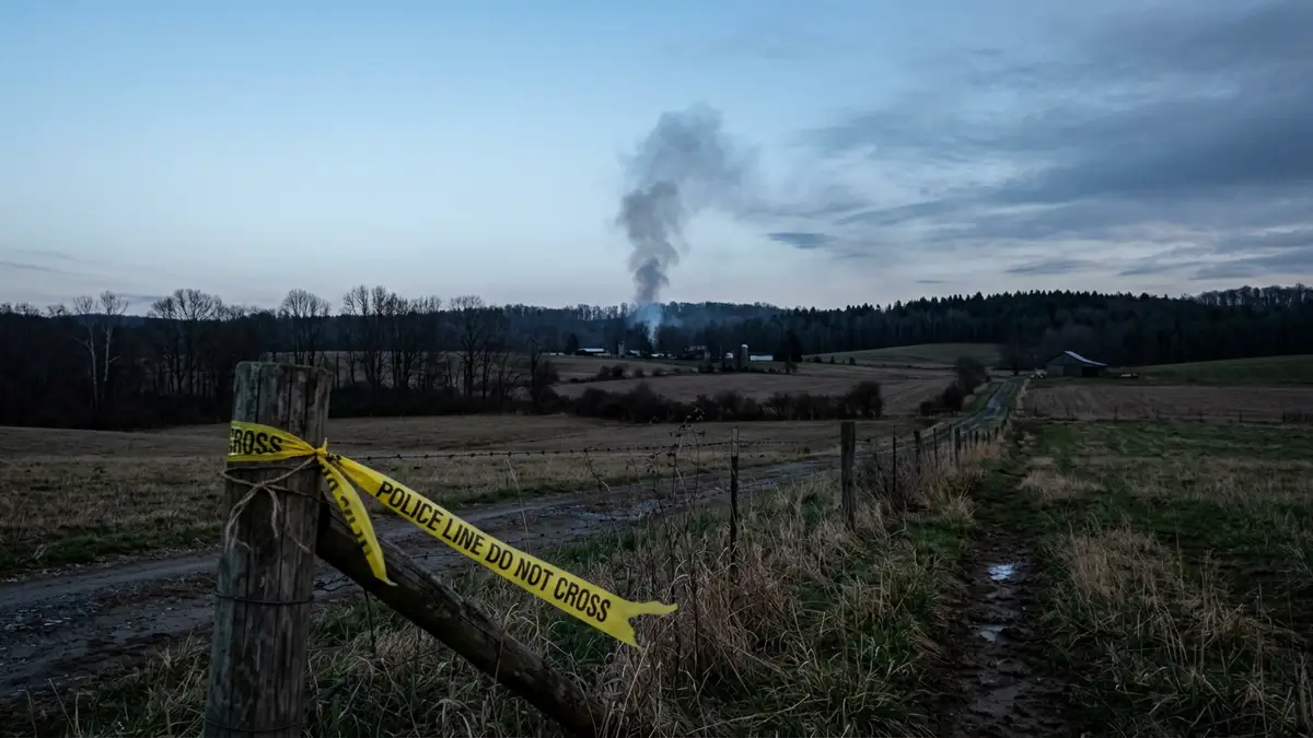 Yellow police tape tied to a wooden fence post with distant smoke against a dusk sky.