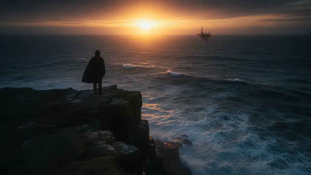 Silhouetted figure on cliff overlooking North Sea at dawn, distant oil rig.