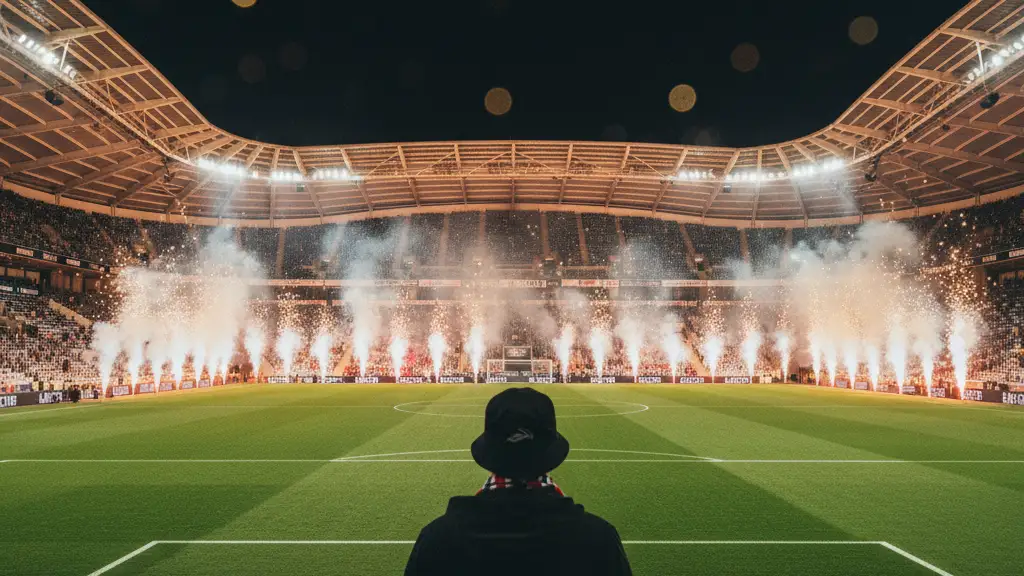 A silhouette of a fan watching pyrotechnics erupt at the Swansea.com Stadium at night.