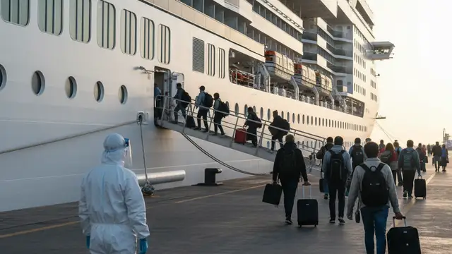 Cruise ship docked in Tenerife, medical personnel in hazmat suit observing passengers.