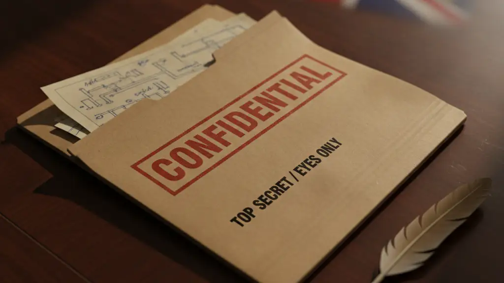 Confidential file folder on a dark desk, subtle flag reflections in background.