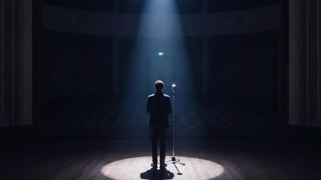 Silhouetted figure on an empty political stage under a spotlight, facing empty seats.