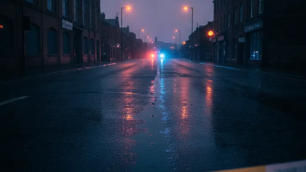 Rain-slicked street reflecting emergency lights, police tape in foreground.