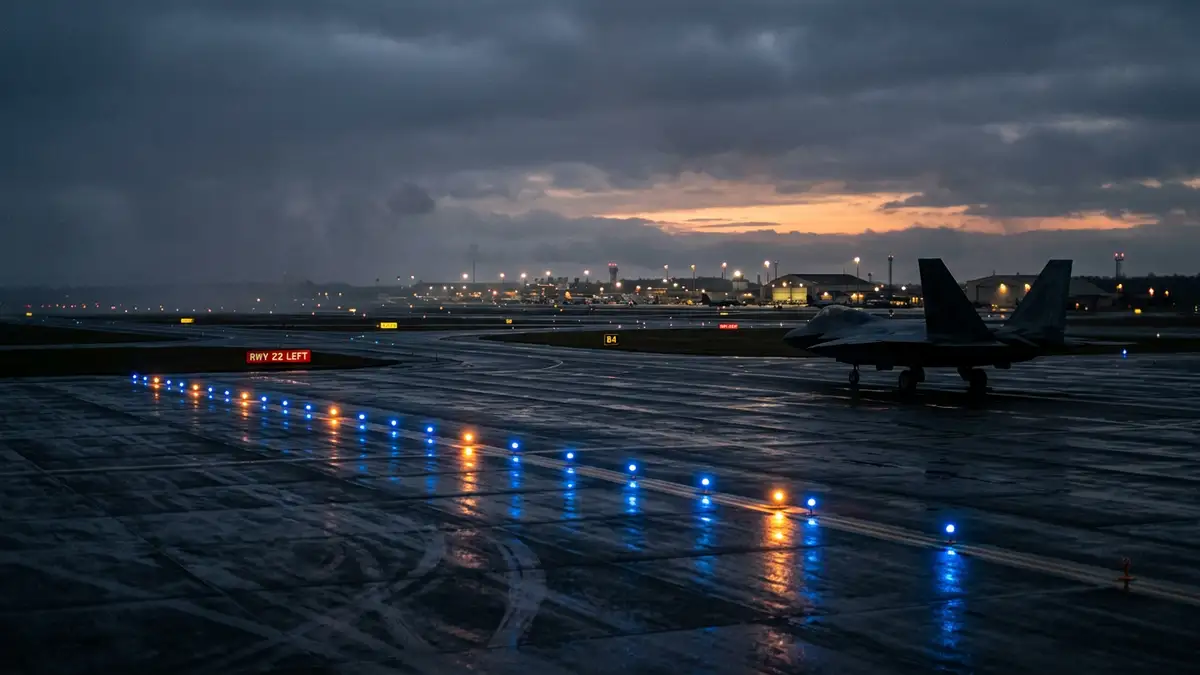 A silhouette of a military jet on a runway at dusk with glowing airfield lights.