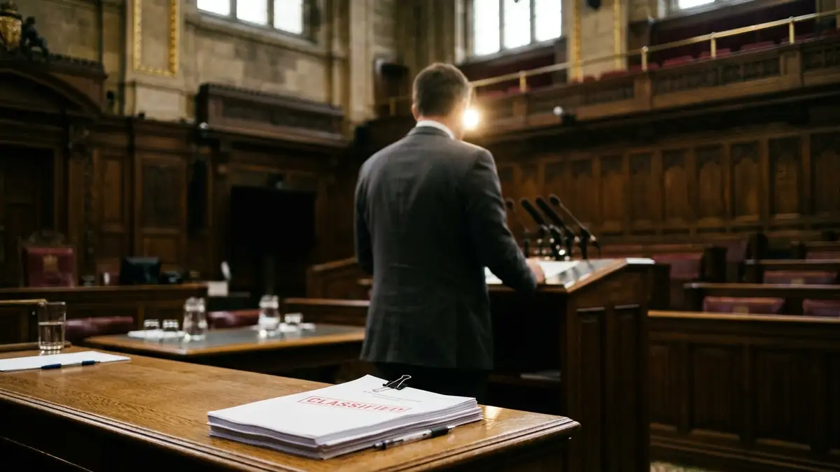 Silhouette of a politician at a podium, 'CLASSIFIED' documents on a desk.
