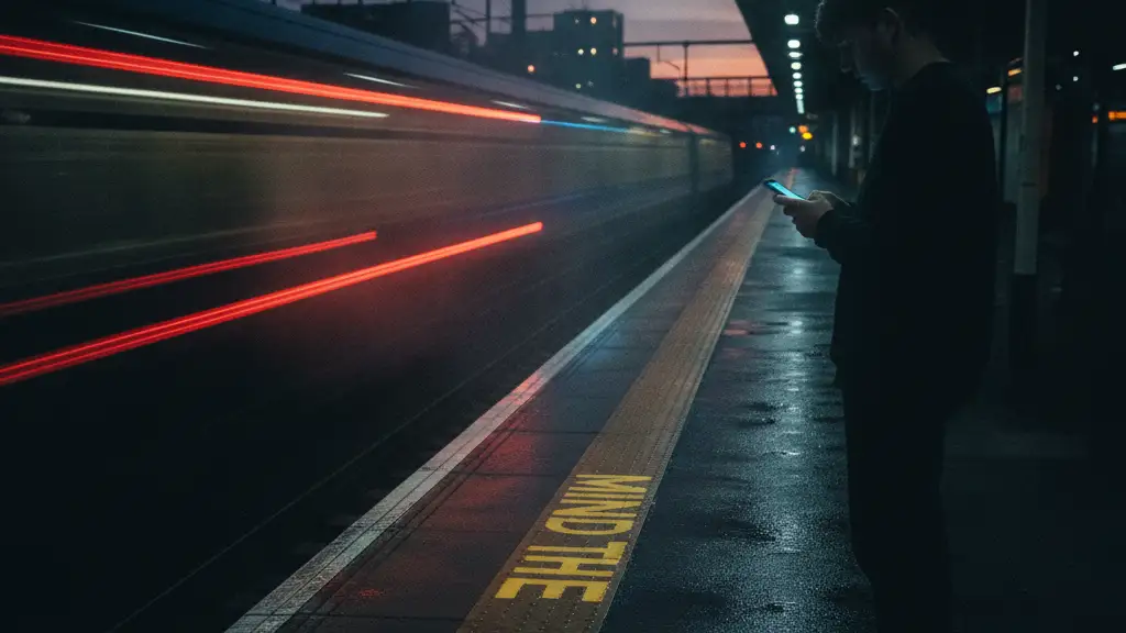 Blurred silhouette of a young person on a train platform at dusk.