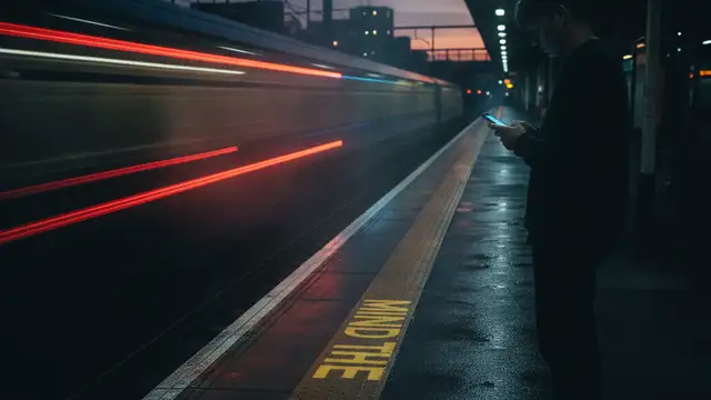 Blurred silhouette of a young person on a train platform at dusk.