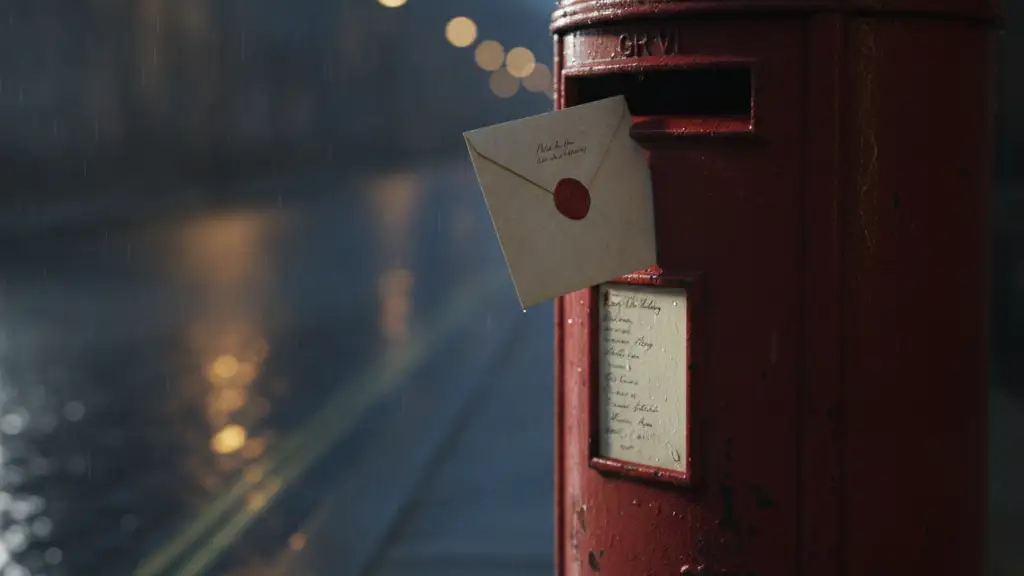 A weathered red post box with a letter stuck, reflecting distant streetlights.