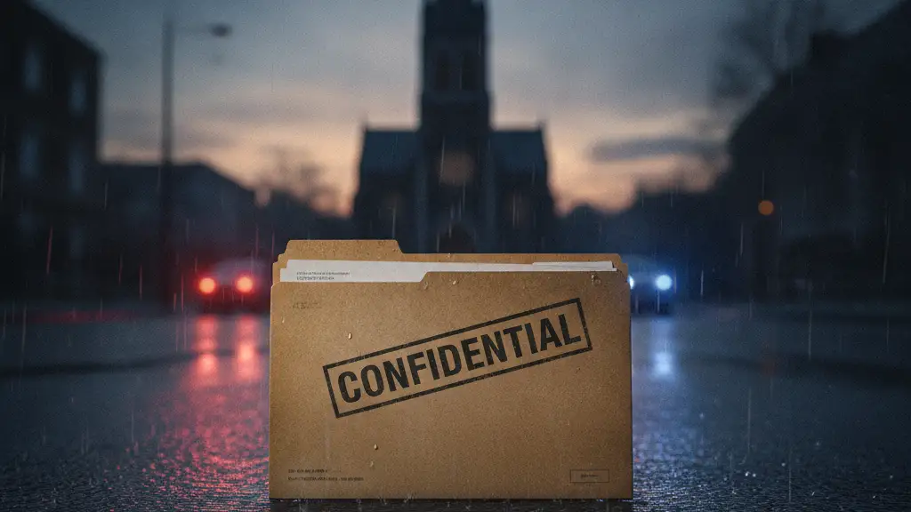 A 'CONFIDENTIAL' file folder with a blurred church steeple in the background.