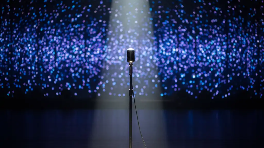A single microphone stand under a spotlight in a dark, atmospheric concert arena.