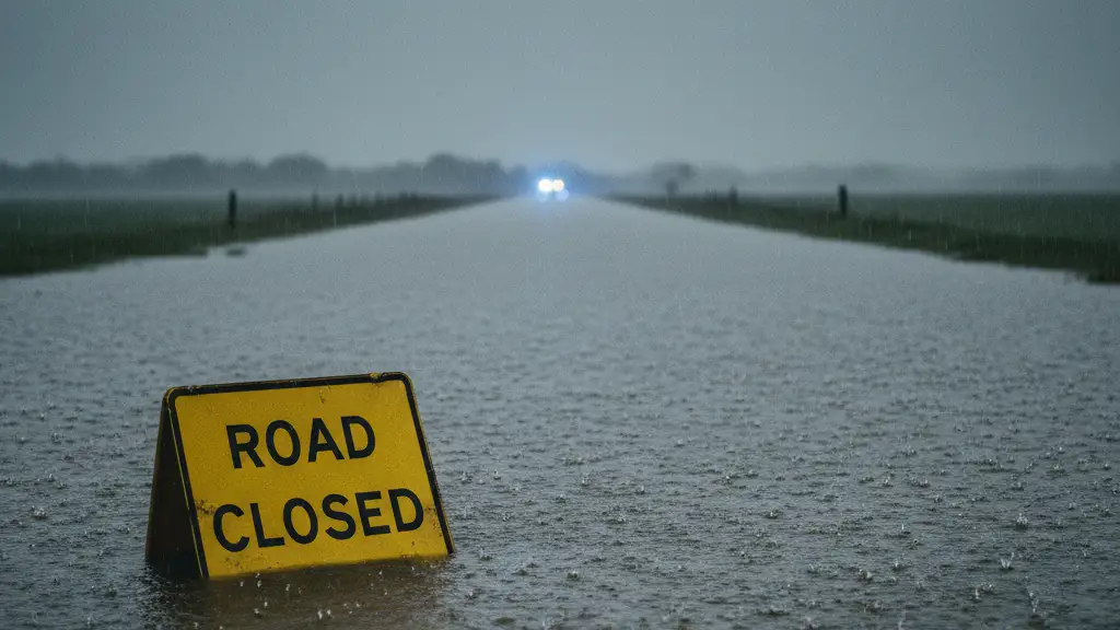 A yellow road closed sign partially submerged in floodwater with emergency lights reflecting nearby.