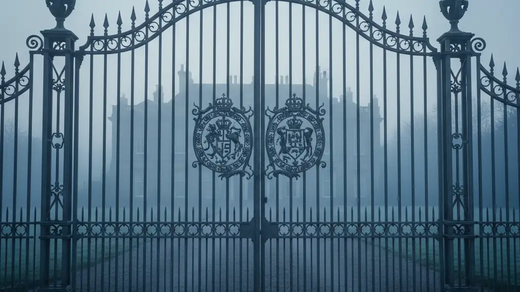 Closed ornate iron gates of a royal estate shrouded in cold morning mist.