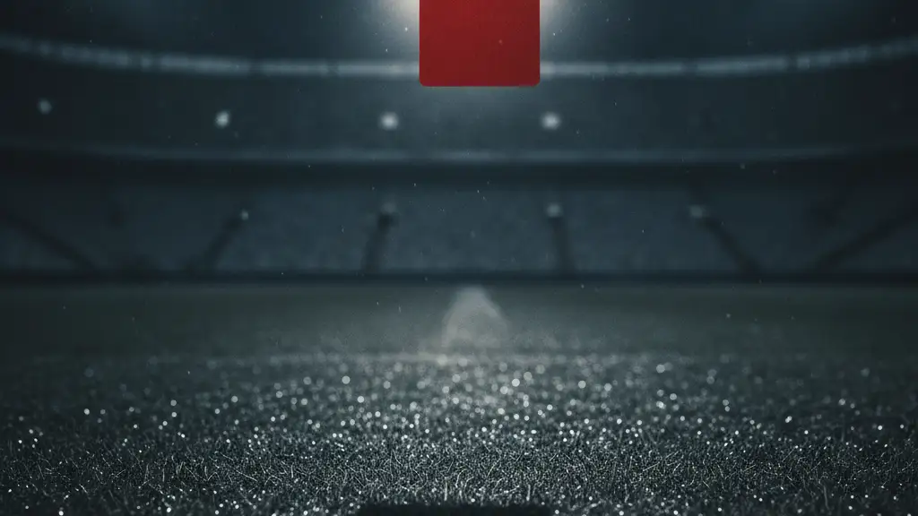 Referee's hand holding a red card on a blurred, rain-slicked football pitch.