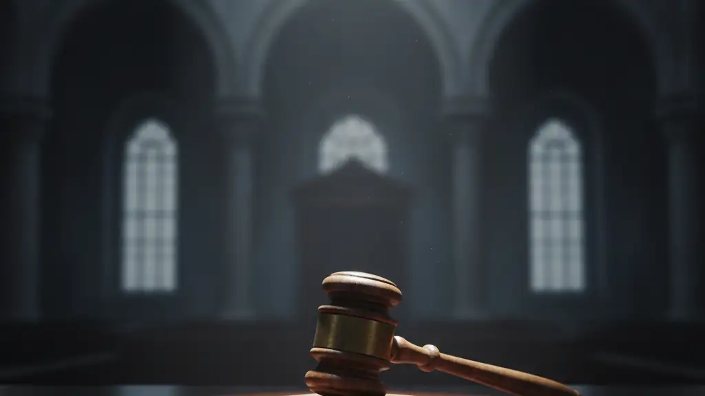 A lone wooden gavel on a polished desk, dramatically lit.