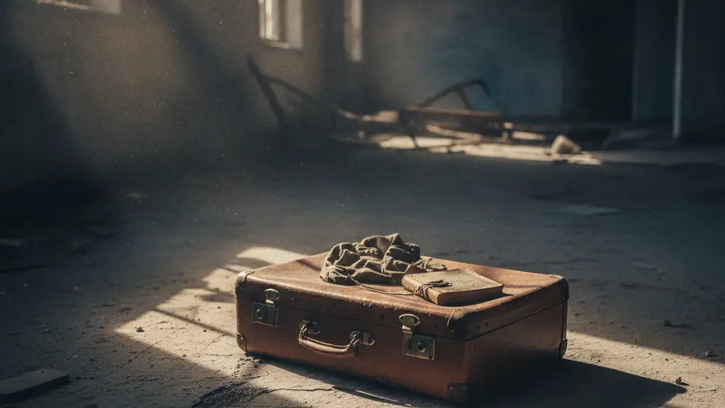 A worn leather suitcase, slightly open, in a dusty, abandoned building.