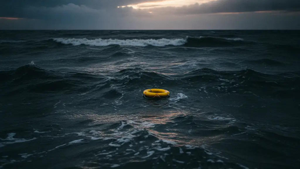 A bright yellow lifebuoy floats alone on dark, choppy North Sea waves at dusk.