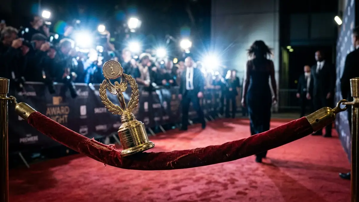 Blurred red carpet with camera flashes, a gold trophy on a velvet rope, and a departing silhouette.
