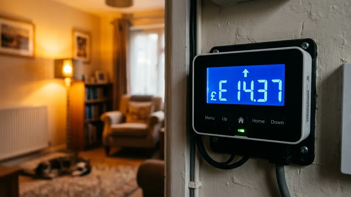 A digital energy smart meter displaying rising costs in a blurred domestic setting.