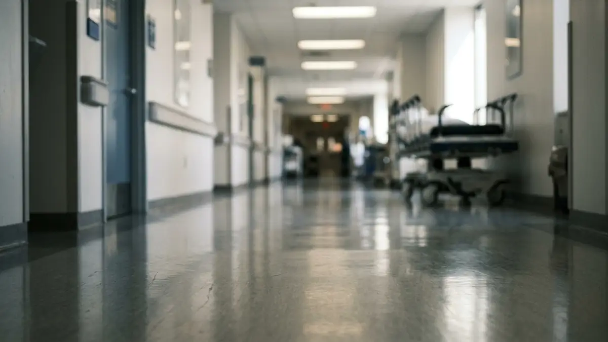 Blurred hospital corridor with soft light and a distant, out-of-focus gurney.