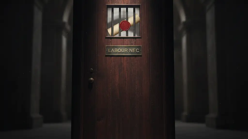 Imposing mahogany door with 'Labour NEC' plaque, dramatic shadows, and a document visible through a barred window.