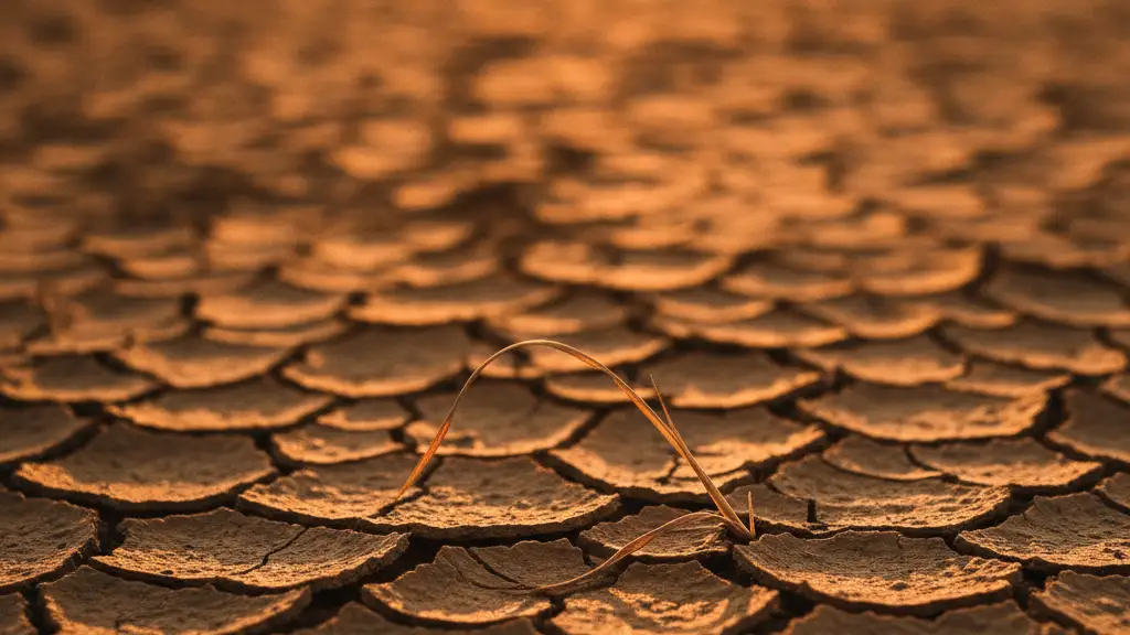 Close-up of severely cracked, dry earth with a single wilting blade of grass.