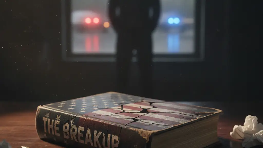 A book titled 'The Breakup' on a desk, with blurred emergency lights in background.