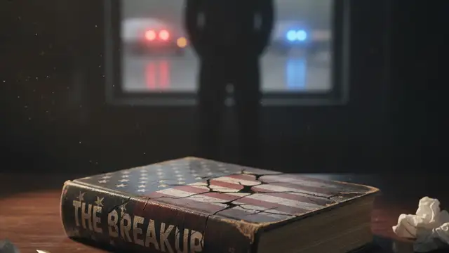 A book titled 'The Breakup' on a desk, with blurred emergency lights in background.