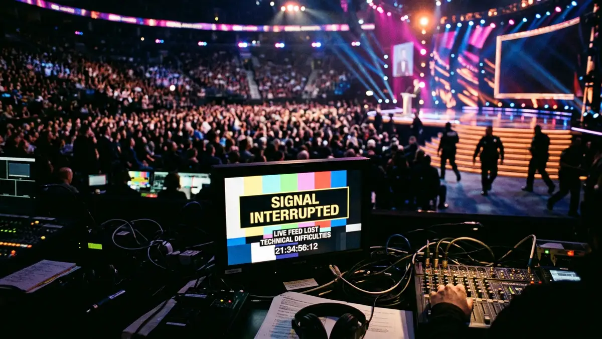A broadcast monitor showing a signal interruption graphic in front of a blurred awards stage.