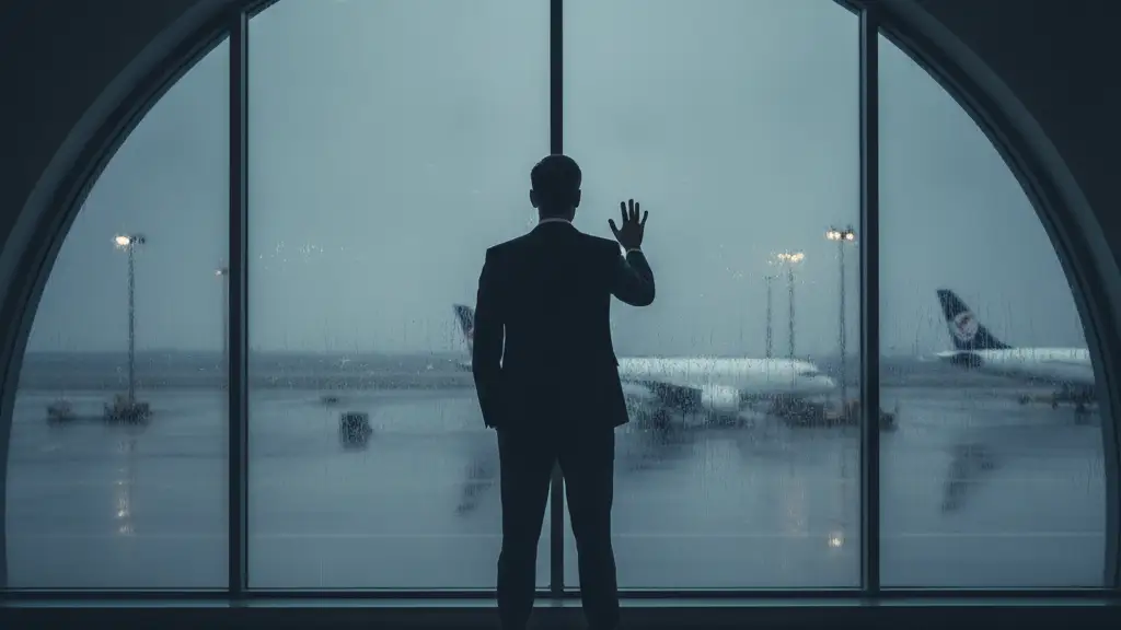Silhouetted figure looking out a rainy airport window at distant airplanes.