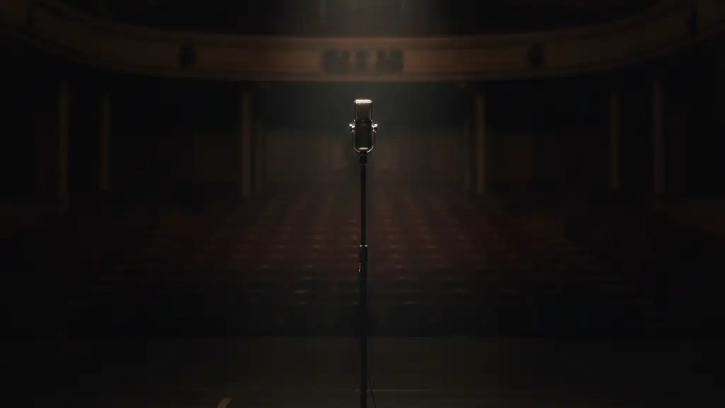 A lone microphone stand under a single spotlight on an empty stage.