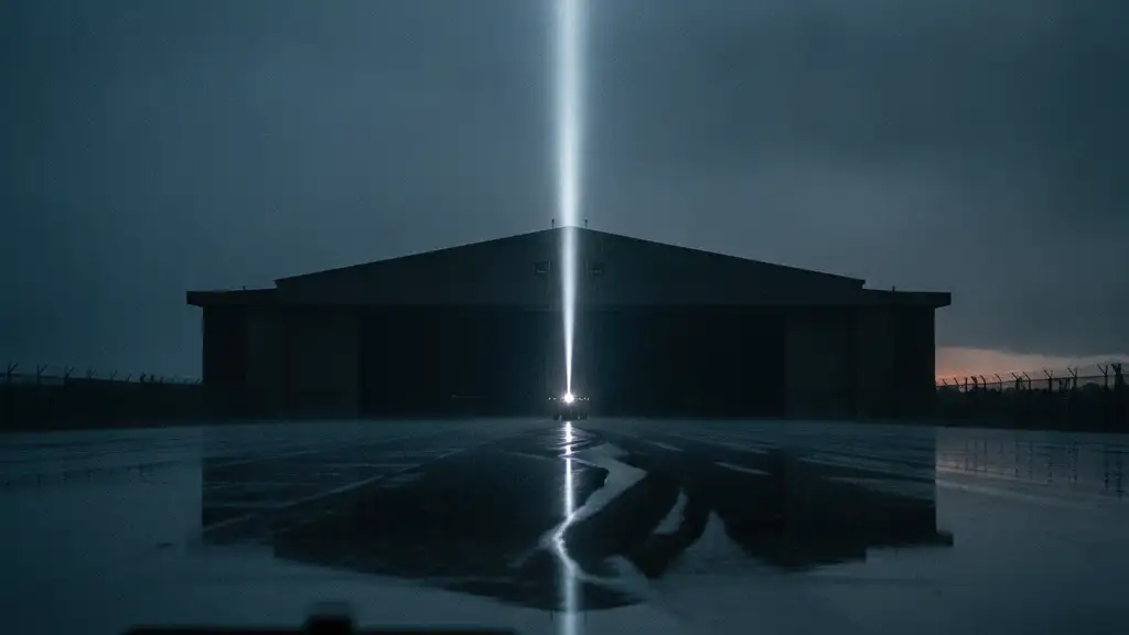 Silhouette of a military hangar at dusk with a searchlight beam.