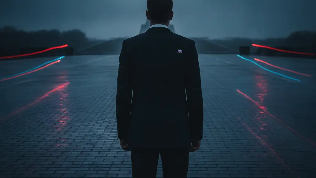 Silhouetted figure in suit on wet Kyiv street, emergency lights reflecting.