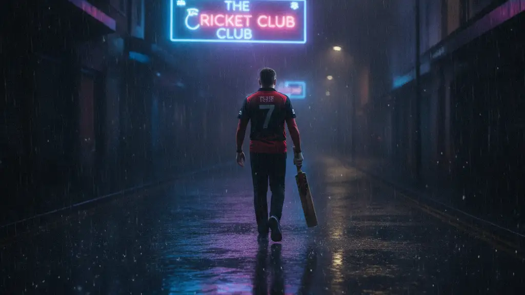 Blurred cricketer figure walking away from a neon-lit nightclub reflection on a wet street.