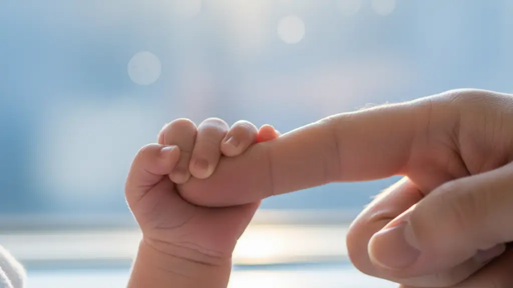 Close-up of a newborn baby's hand holding an adult's finger in a soft-lit hospital setting.