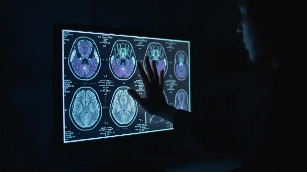Abstract image of a brain scan on a monitor, with a hand touching the screen.