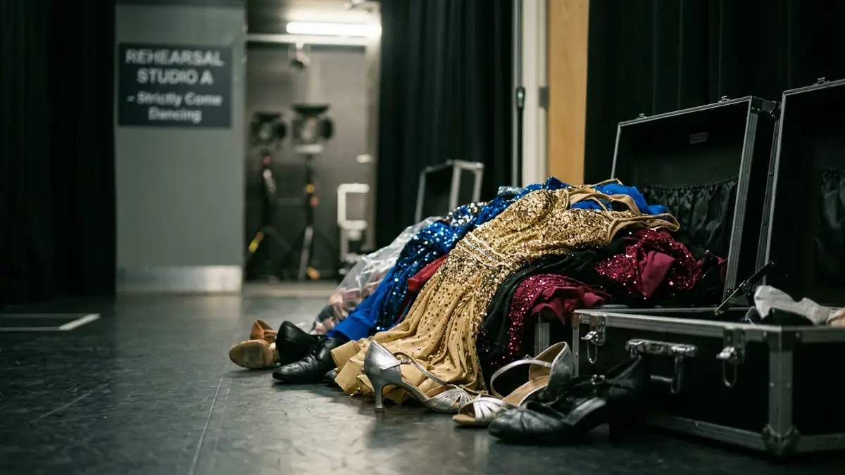 A high-fidelity, photorealistic editorial news image. STRICT RULES: NO human faces, NO identifiable people, NO named likenesses. Use symbolic representation: silhouettes, objects, props, or atmospheric scenes. Focus on environment, textures, and mood rather than people. Subject: BBC Purges Professional Roster in Massive Strictly Come Dancing Overhaul. Style: 35mm lens, cinematic lighting, 16:9 aspect ratio, no text or borders.