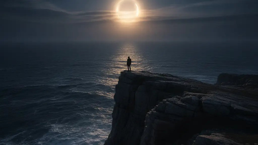 Silhouetted figure on cliff watching a partial solar eclipse over a dark ocean.
