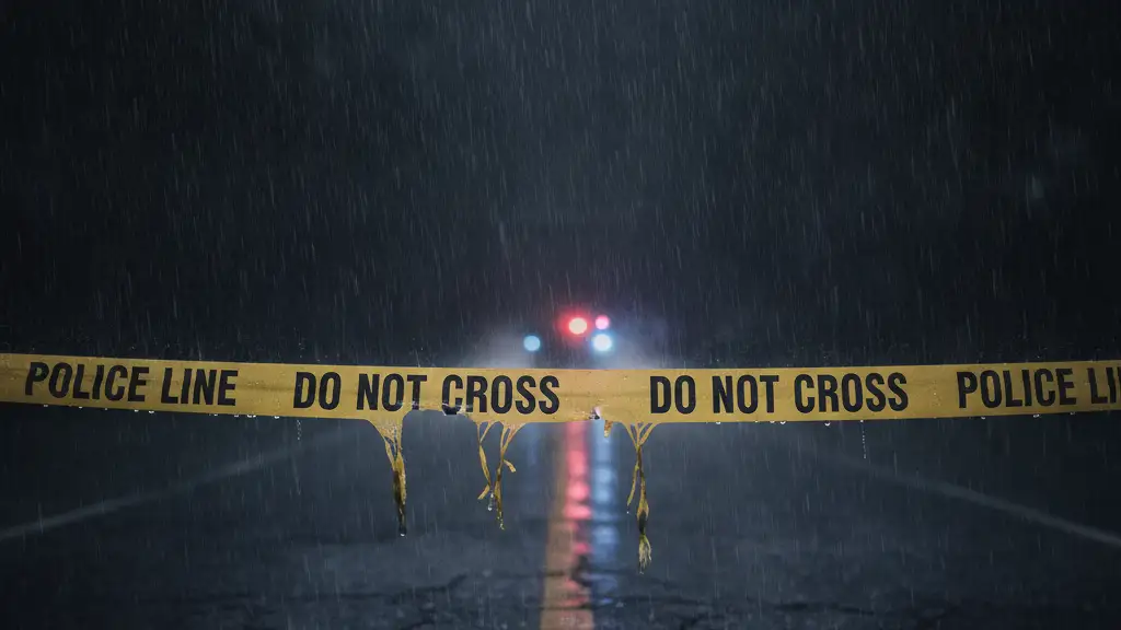 Yellow police tape in foreground, blurred emergency lights reflecting on wet ground.