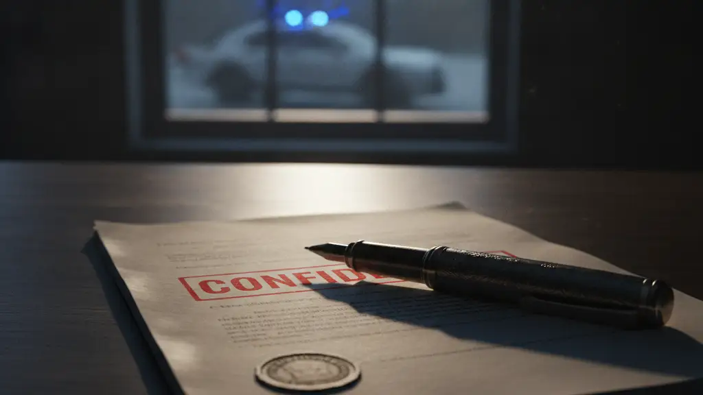 Confidential document with a pen on a dark desk, blue light reflections.