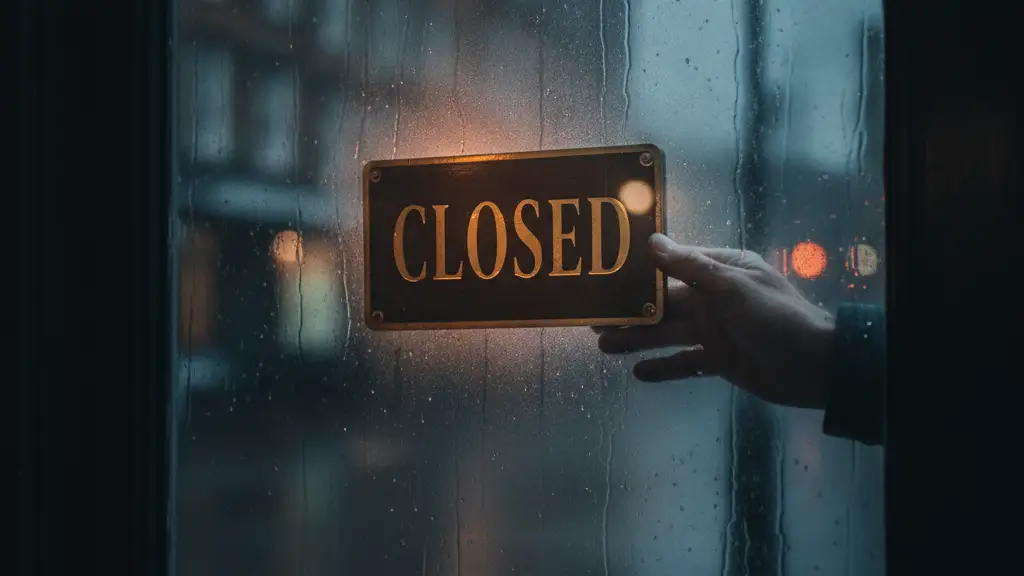 A weathered hand placing a 'CLOSED' sign on a frosted pub door.