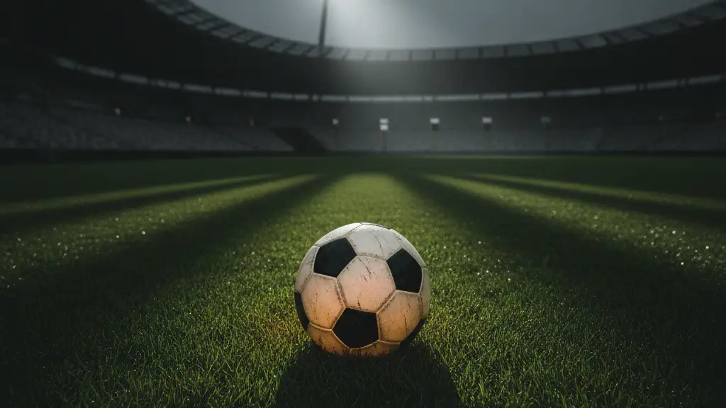 A football on a green pitch under a spotlight, stadium in background.