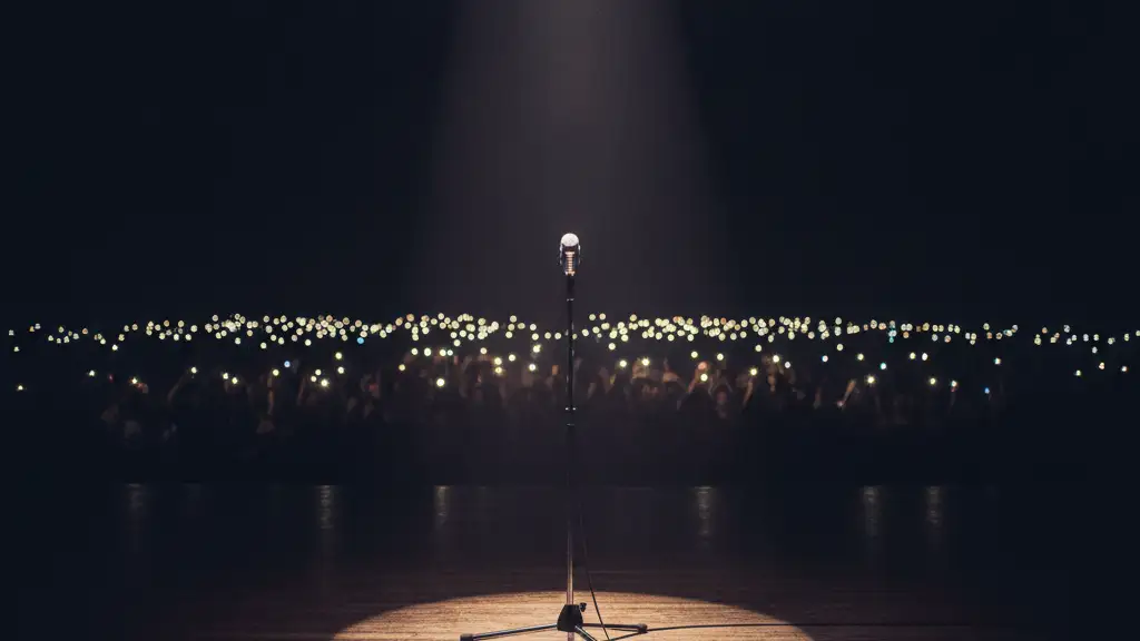A lone microphone stand under a single spotlight on an empty stage.