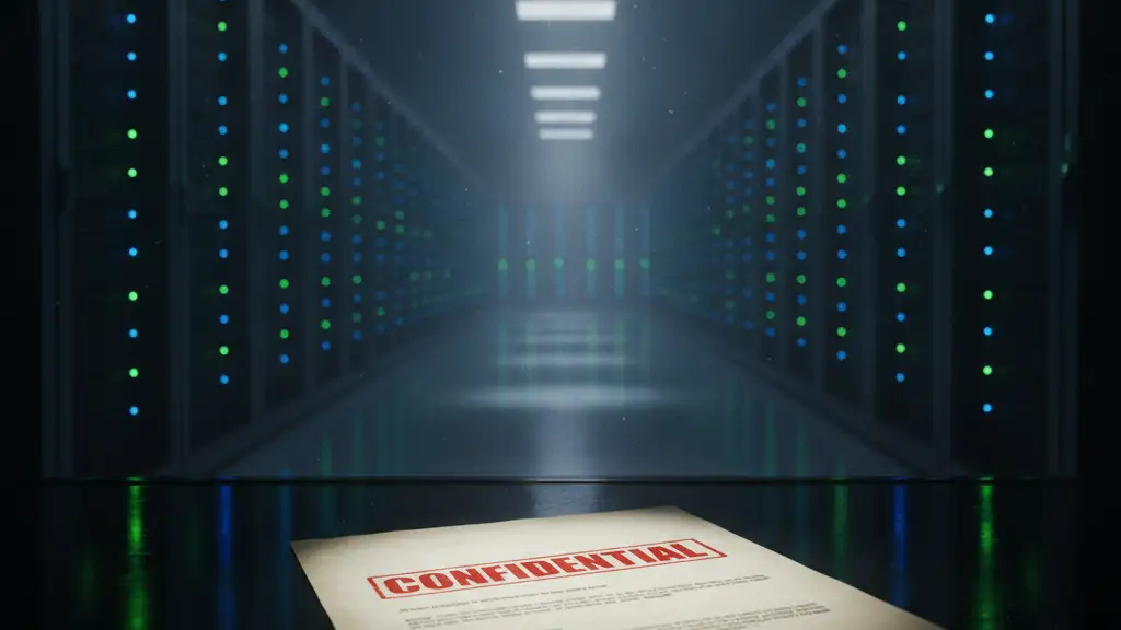 Confidential document on desk in front of glowing data center servers.