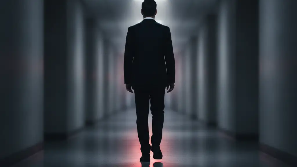 Blurred figure in a dark suit walking down a sterile corridor with emergency light reflections.
