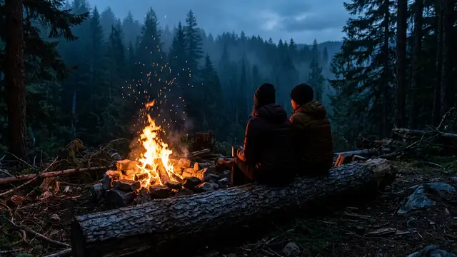 Two silhouetted people sit by a campfire in a misty pine forest at twilight.