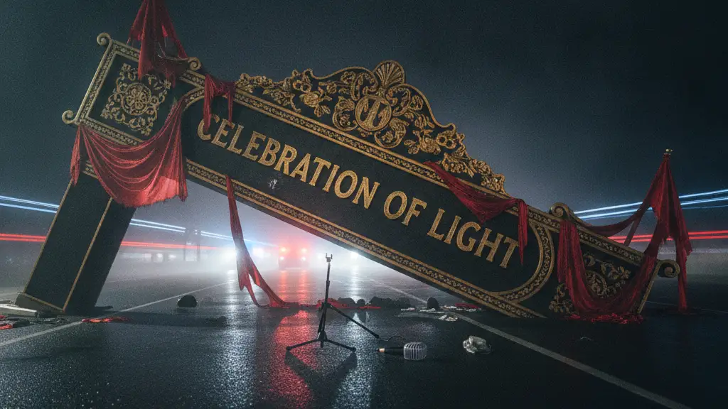 A heavy, ornate festival sign, partially collapsed on the ground, with a microphone nearby.