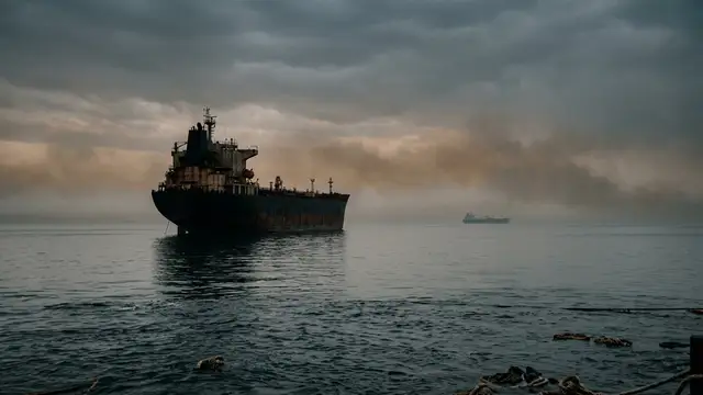 A high-fidelity, photorealistic editorial news image. STRICT RULES: NO human faces, NO identifiable people, NO named likenesses. Use symbolic representation: silhouettes, objects, props, or atmospheric scenes. Focus on environment, textures, and mood rather than people. Subject: Global Energy Flows Stagnate as Strait of Hormuz Shipping Halts. Style: 35mm lens, cinematic lighting, 16:9 aspect ratio, no text or borders.