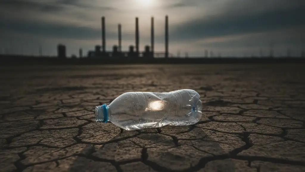 Empty plastic water bottle on cracked earth, industrial pipes in background.