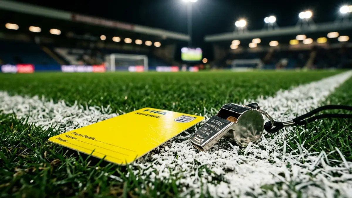 A referee's yellow card and whistle resting on a white stadium pitch line.