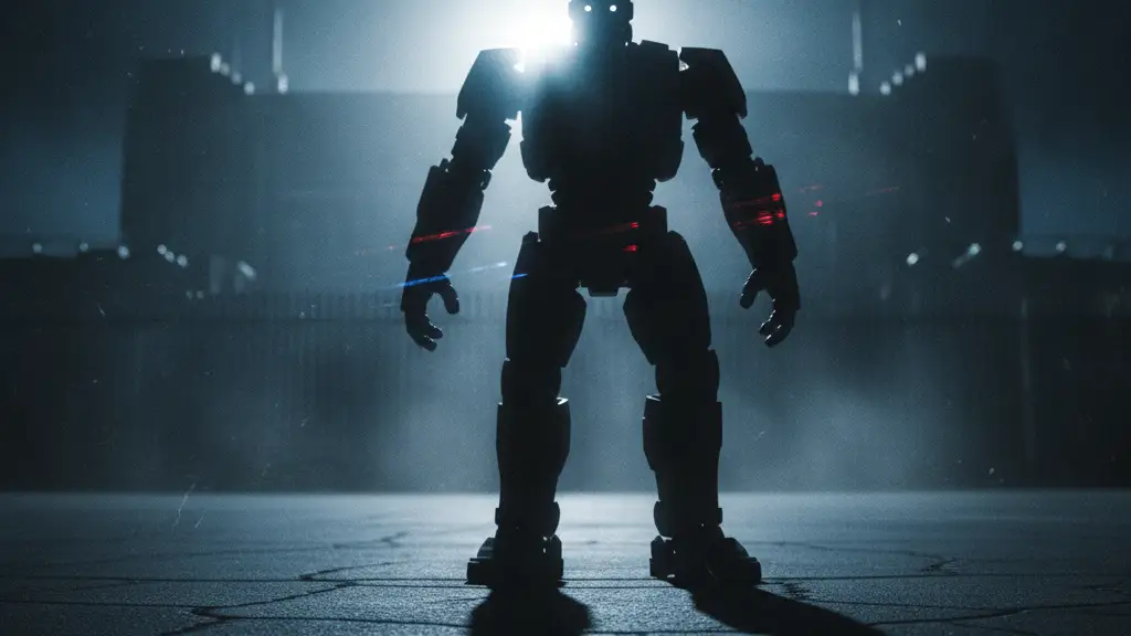 Silhouette of a humanoid robot's hand reaching forward, with emergency light reflections.
